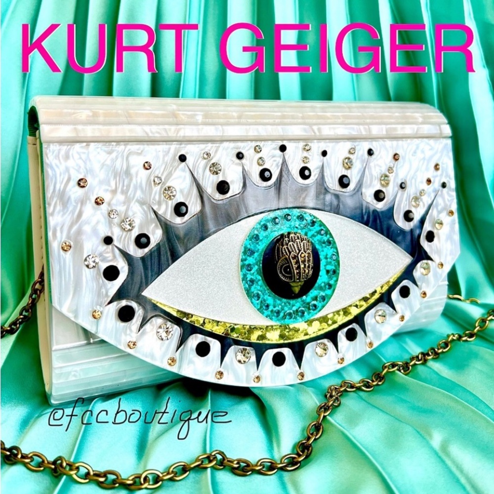 New KURT GEIGER Crystal evil eye clutch on chain white mother of Pearl
